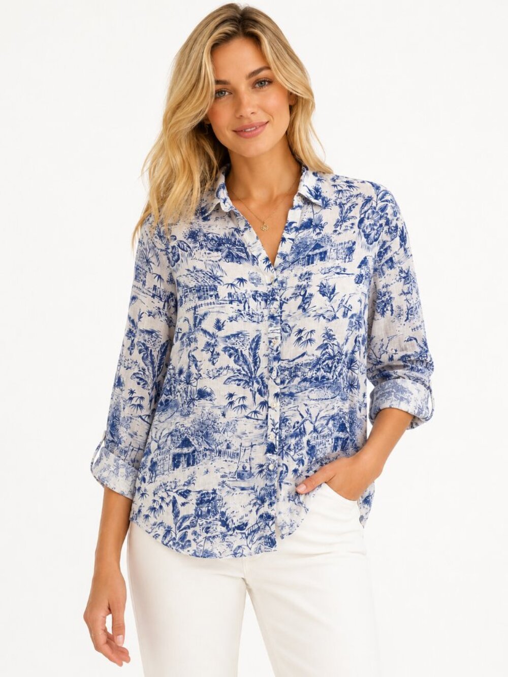 Joie 100% Linen Tropical Toile Print Button Front Blouse Coastal  3X